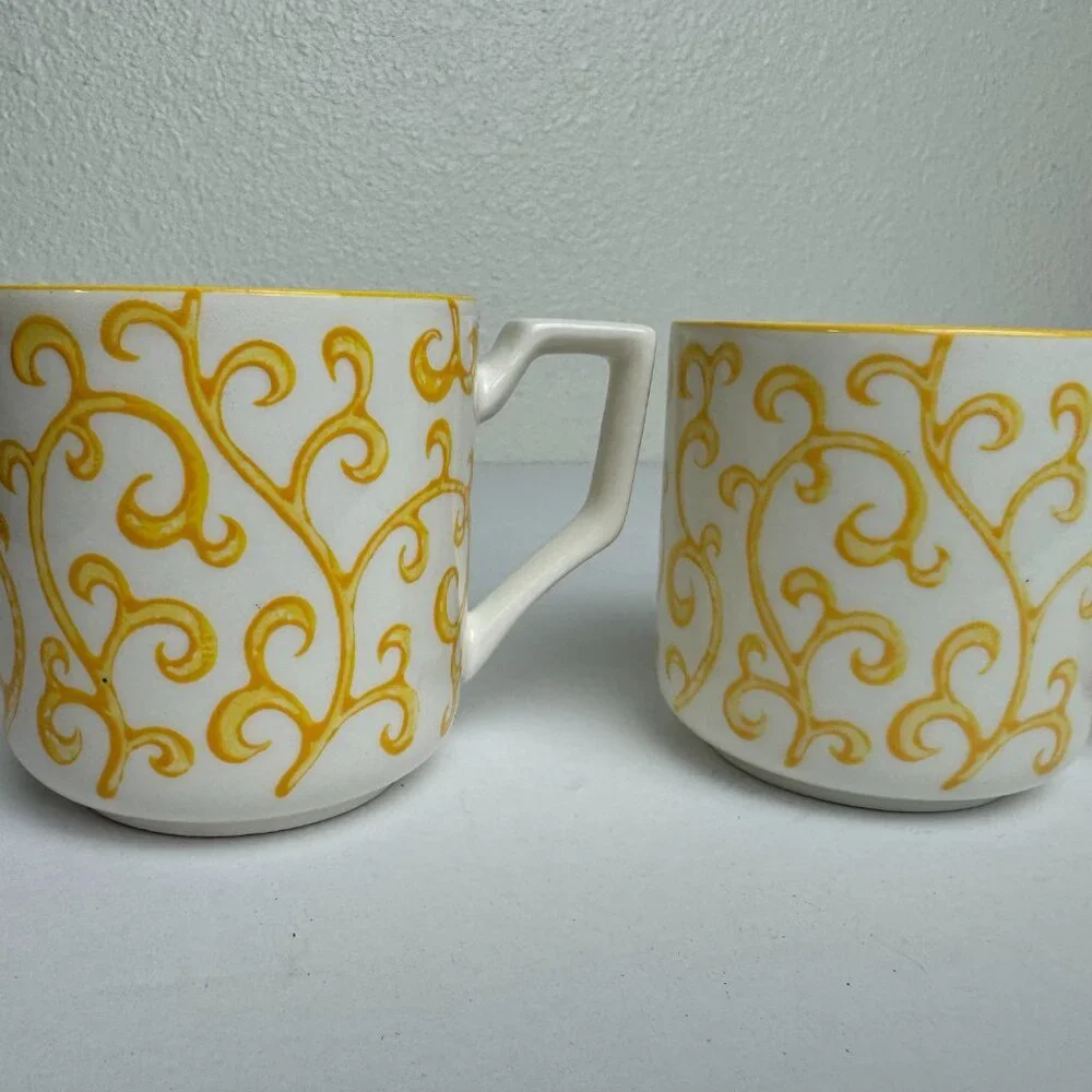 Pier 1 Imports Porcelain Coffee Cup Mug Yellow Pattern Set of 3